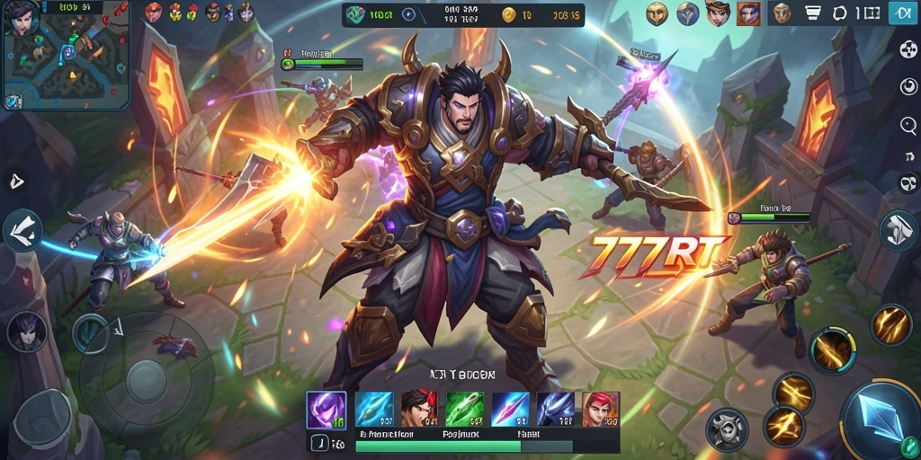 Screenshot gameplay 777RT menampilkan aksi pertarungan tim yang intens.
