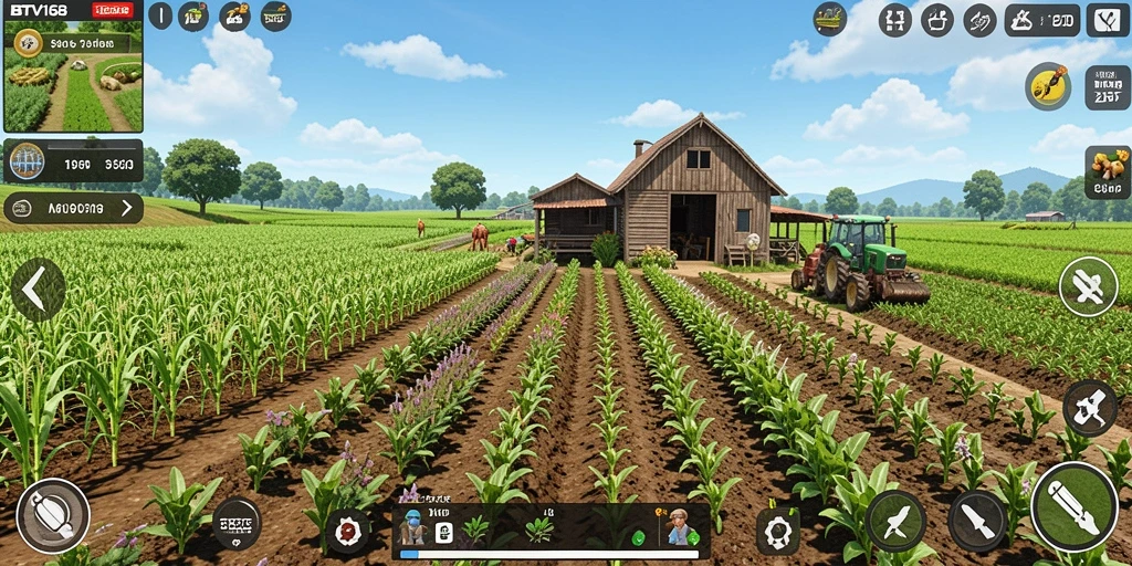 Tangkapan layar gameplay BTV168 menunjukkan suasana pertanian yang menarik dan interaktif.