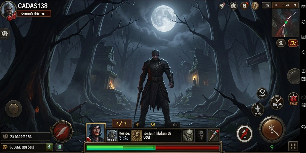 Screenshot menunjukkan gameplay menegangkan di dunia horor yang gelap.