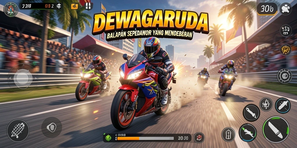 Tampilan gameplay DEWAGARUDA dengan aksi balapan sepeda motor yang intens.