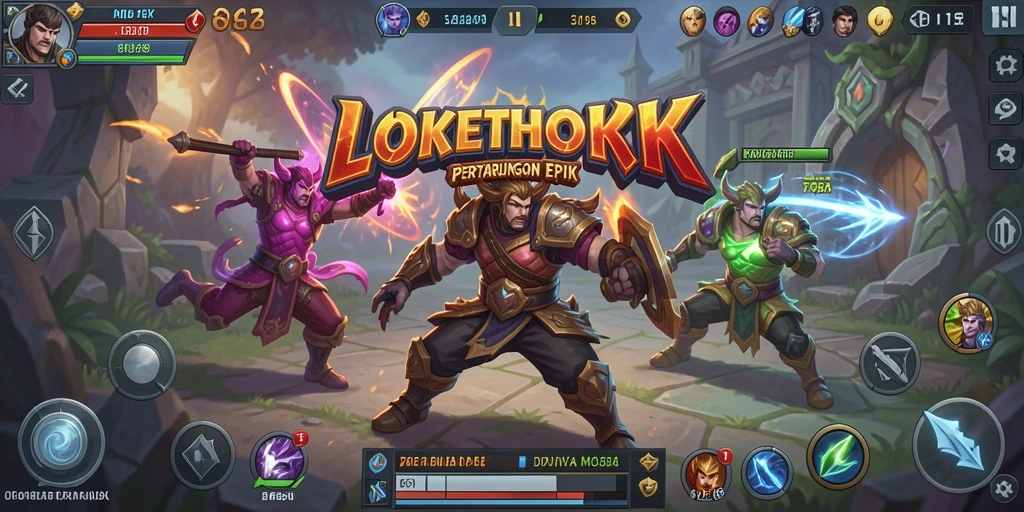 Tampilan gameplay seru dalam LOKETHOKI dengan pertarungan antar karakter MOBA.