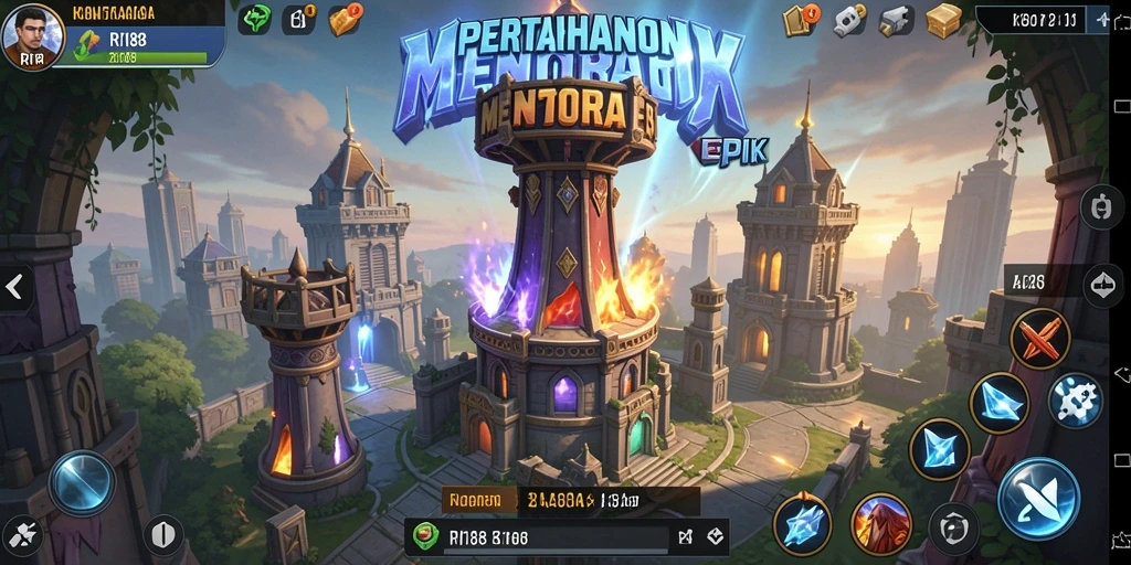 Tangkapan layar utama memperlihatkan pertahanan menara yang intens melawan musuh.