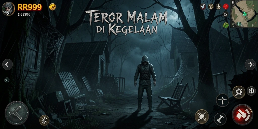 Screenshot gameplay <strong>RR999</strong> menampilkan suasana mencekam di tengah kegelapan.