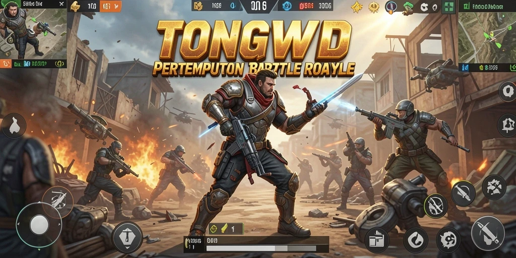 Screenshot utama TONGWD menampilkan aksi seru dalam permainan Battle Royale.